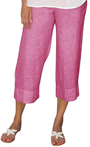 Pantaloni corti Chic Donna Moda Tinta unita Cotone Lino elastico Pantaloni Lunghi Spiaggia Tempo libero Pantaloni, rosa acceso, XXL