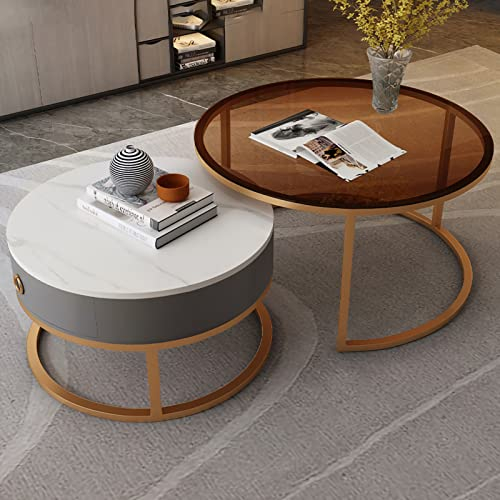 Ensemble de Table Basse Ronde gigogne, tiroir de Rangement pour Table Basse en Verre de Salon, Table de canapé Moderne, Table à thé, Ensemble de 2 avec Table Basse Centrale en Ardoise pour b