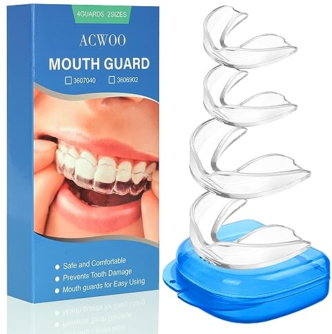 ACWOO Mundschutz zum Zähneknirschen, 4 Stück Aufbissschiene gegen Zähneknirschen, Zahnschiene Knirschen, Knirscherschiene für Nacht, Beissschiene für Mouth Guard, Schnarchschiene, 2 Größen (B)