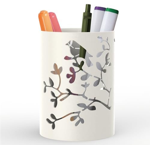 Mango Steam Metal Pen Holder, Makeup Brush Cup Organizer for Office, Bathroom, Vanity (White, Bird)