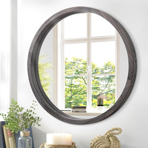 JJUUYOU Wandspiegel, 60 cm, runder Wandspiegel für Badezimmer, antikgrau, runder Spiegel, Waschraum, Wanddekoration, Holzrahmen, Spiegel für Wohnzimmer, Schlafzimmer, Wohnheim, dekorativ