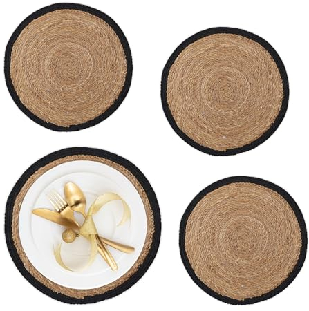 Relaxdays Tovagliette Sottopiatto in Giacinto d'Acqua, Set 4, Ø 37cm, Placemat Americane, Sottopentola, Naturale Nero, Fibra vegetale