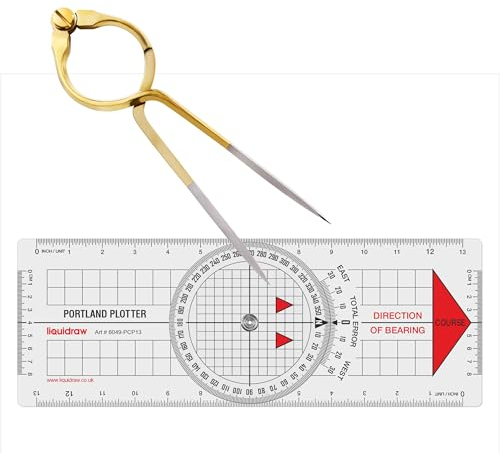Liquidraw Portland Kursplotter, Navigationsteiler-Set, Marine, Segeln, nautisch, Winkelmesser, einhändig, gerade, Teiler, massives Messing, 20,3 cm