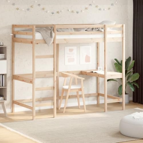 vidaXL Solid Pine Wood Loft Bed with Spacious Desk - Brown 90x190 cm Single Bed Frame - Kids Bedroom Furniture Space-Saver