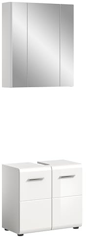 xonox.home Badezimmer Ice 2tlg. Kombination Badmöbel Set kleine Bäder Komplettprogramm Bademöbel-Set in Front weiß Hochglanz Tiefzieh Korpus weiß