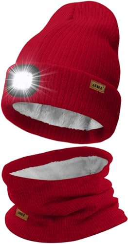 ATNKE LED Mütze mit Licht und Schal Set, Wiederaufladbare USB 4 LED Beleuchtete Laufmütze Winter Warme Gefütterte Fleece Halsschlauch und Stricken Mütze für Herren und Damen Geschenke/Red