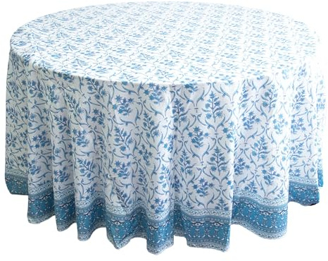 Jaipur indische Tischdecke mit Blockdruck, rund, Blumenmuster, Taft, Baumwolle, 335,3 cm, 10-Sitzer, Erntedankfest, Küche, Esstisch, Terrassentisch, für Veranstaltungen, Hochzeiten, Bankette, Partys,