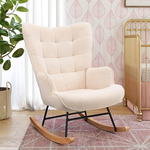 KeepGoon Mecedora para dormitorio, salón, columpio, silla de relax, silla balancín, silla de acento para dormitorio, salón, mecedora de terciopelo de peluche con respaldo a cuadros (beige)