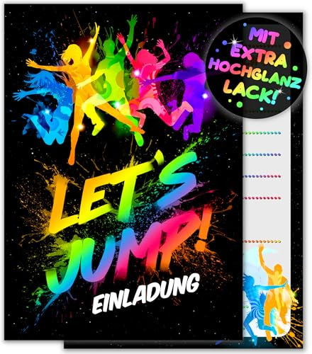 12x Jump Party EINLADUNGSKARTEN KINDERGEBURTSTAG Junge Mädchen - die JUMP-PARTY Karten sind die Trampolin EINLADUNG für Jungen Mädchen Kinder GEBURTSTAG Einladung Jump House HÜPFBURG KINDERPARTY
