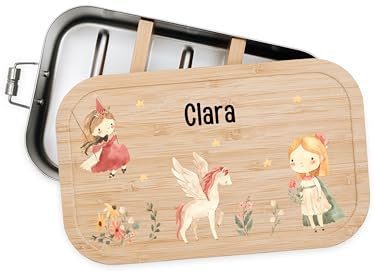 Bärenfreunde Personalisierte Brotdose Edelstahl, Kinder Lunchbox | Vesperdose personalisiert mit Namen, Brotzeitbox Holz mit Fächern und Holzdeckel, Bambus Jausenbox, Kita, Dino, Traktor