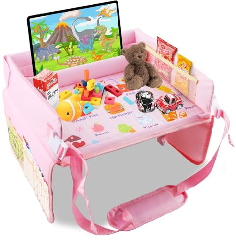 ZoneYan Vassoio da Viaggio, tavolino auto per bambini, vassoio da viaggio per bambini auto, tavolo da viaggio bambini auto, tavolino macchina bambini multifunzione, Snack e Play Tray da Viaggio-Rosa
