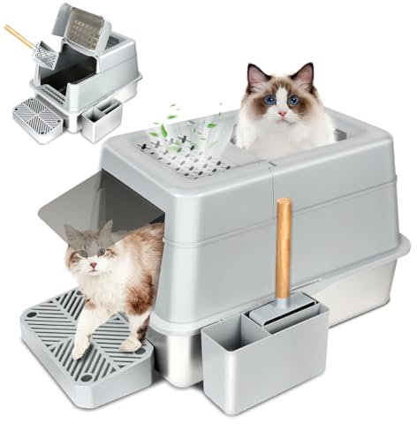 INSMEER Katzenklo Edelstahl mit Deckel, 30L Katzentoilette XXL Gross, mit Schaufel/Top Öffnung, geräumig für Katze bis 15 KG, auslaufsicher weniger Spuren, Leicht zu reinigen, 60 * 42 * 38CM