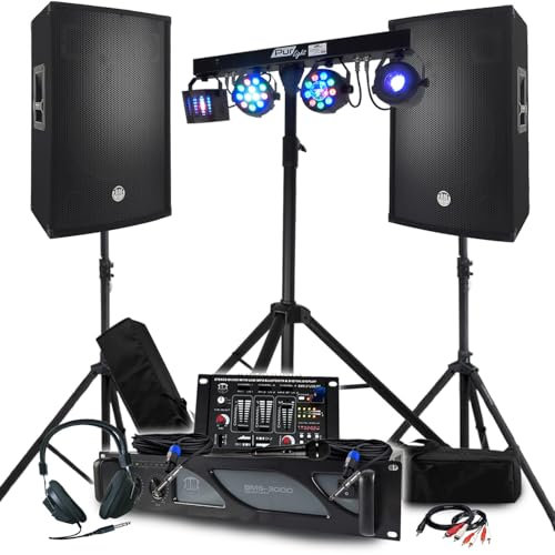 Pack Sono BM Bmsonic 4400W Amplificateur 3000W, Enceintes Passives 15 Table de Mixage, Euphoria Portiques + 48 effets lumière