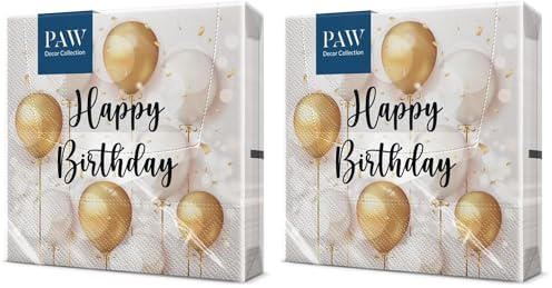 PAW - Servietten Geburtstag (33 x 33 cm) I 20 Stück I Perfekt für Partys, Geburtstage, Feiern I Papierservietten mit Ballonmotiv - Gold, Weiß I Tischdekoration I Farbe: Birthday Gold Celebration