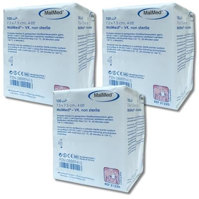 ANCEVIA Set MaiMed Kompressen 7,5x7,5cm unsteril - 3x100 Stück Premium Vlieskompressen aus Viskose & Polyester - Wundauflagen nicht haftend - Wundkompressen Gaze Verbandsmaterial CE-zertifiziert