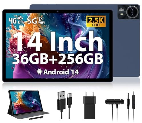 RUSHAR Newest Tablet 14 Pollici,Android 14 Tablet con 36GB RAM +256GB ROM (1TB TF),Tablet 4G LTE/SIM+5G WiFi,11580mAh|2240 * 1400HD|Octa-Core 2.0GHz|13MP+8MP|Face ID|BT 5.0,Tablet con Fondina,Blu