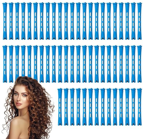 Lot de 60 tiges à cheveux ondulées froides bleues pour cheveux bouclés longs en plastique, faciles à utiliser, sans chaleur, durables, parfaites pour de belles boucles, vagues et volume