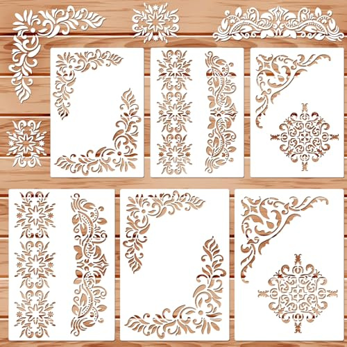6 Stück Retro Blumenrahmen Grenze Schablonen Textilgestaltung,Schablonen Wandgestaltung Malen,Wiederverwendbare SchablonenWandgestaltung,DIYSchablonen Malen für Holz,Boden,Wand und Fliesen