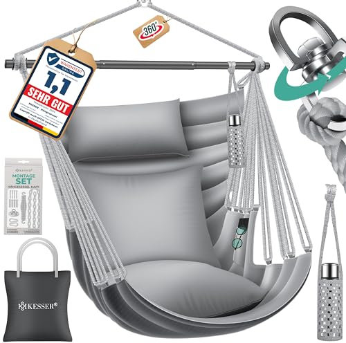 KESSER® Hängesessel Haiti 150kg Traglast, Hängestuhl 360° Drehung, Hängeschaukel Indoor-Outdoor UV-beständig & Wasserfest, Pflegeleicht, Inkl. 2 Kissen, Tragetasche, Flaschenhalter & Montage-Set