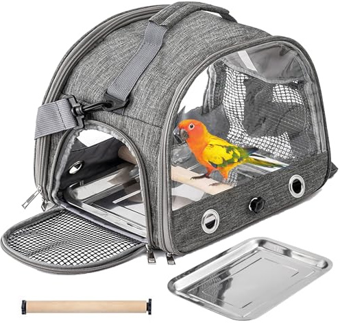 Vogel Transportbox, Tragbare Transportbox Wellensittich, Leichter Atmungsaktiver Vogelkäfig mit Sitzstange und Edelstahl, Tablett, Faltbare Transportbox Vogel für Papageien, Sittiche, Transparent