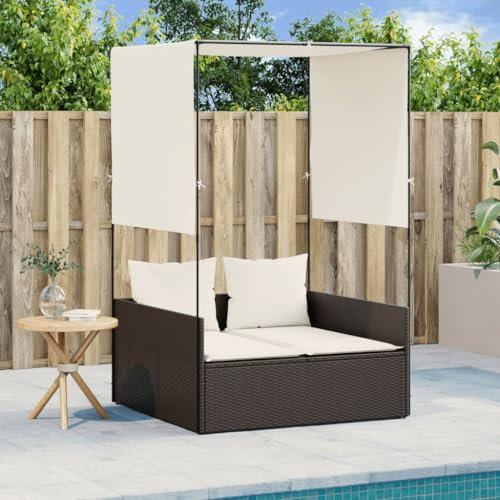 Homgoday Doppel-Sonnenliege mit Dach und Vorhängen Braun Poly Rattan Gartenliege Doppelliege Balkonliege Relaxliege Sonnenliegen für 2 Personen Garten Relaxliege