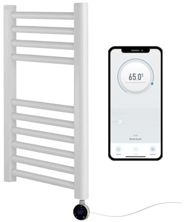 Greened House White Electric Smart WiFi - Toallero con calefacción, 400 mm de ancho x 600 mm de alto, 7 días, temporizador programable, compatibilidad con aplicación (riel blanco + elemento WiFi