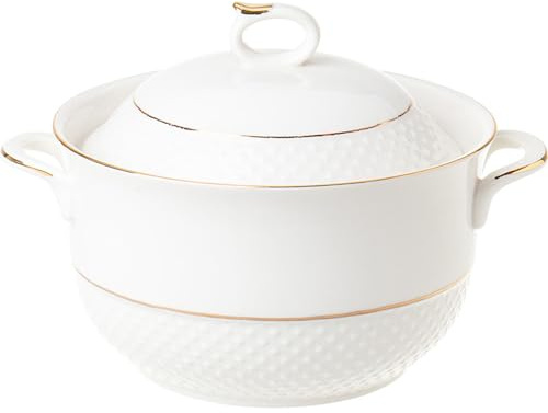 Pentola in ceramica, piccole pentole in rame, zuppiera in bianca con coperchio, in porcellana cucchiaio, pentola in