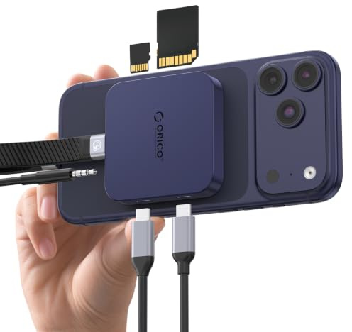 ORICO USB-C SD-Kartenleser Magnetischer SD 3.0 Speicherleser, mit 100W USB C-Anschluss, Typ C 5Gbps, 3,5mm AUX, kompatibel mit iPhone 17/16/15, 104 MB/s Datenübertragung AIR5C