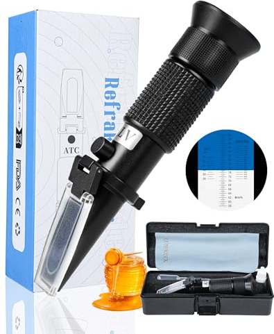 LUNEKUCK 3-in-1 Honig Refraktometer mit ATC Brix 58-92% Wassergehalt 12-27% Baumé 38-43°Bé inkl. 72,2% Kalibrierlösung Hand Refraktometer für Imker Honig Sirup Melasse Fruchtsaftkonzentrat
