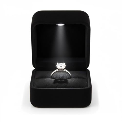 YounBeauty Schwarze Samt-LED-Ringbox für Antrag, automatisch beleuchtete Schmuckschatulle mit Wildlederfutter, für Verlobungsringe und romantische Überraschungen