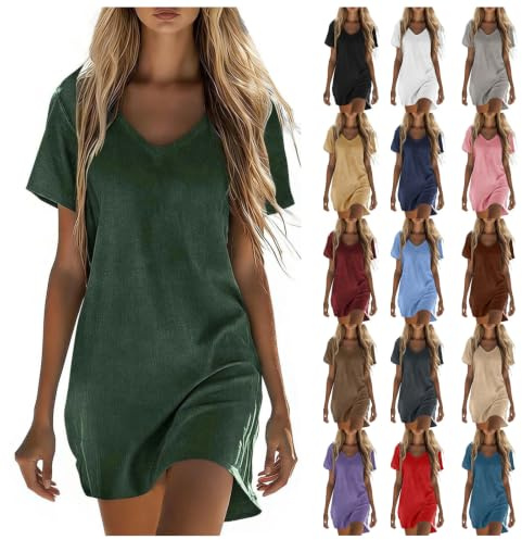 EMATOP Sommerkleid Damen Kurz Leinen Kleider Casual V-Ausschnitt Leinenkleid Leicht Minikleid Baumwolle Strandkleid Kurzarm Bequem Freizeitkleid Elegant Shirtkleider Sommer Einfarbig Kleid