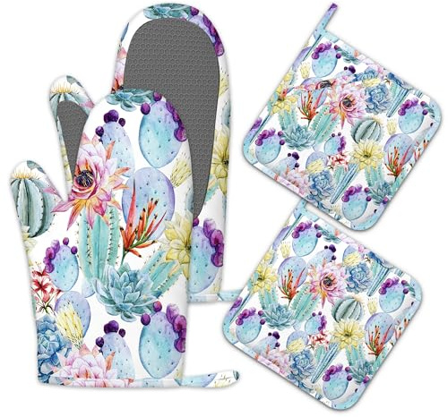 Cactus Flower Oven Mitts and Pot Holders Set of 4,Heat Resistant Non SlipKitchen Gloves Hot Pads,Chef Cooking Baking Gifts for Women Bakers,Kitchen Cooking Lover Cooks