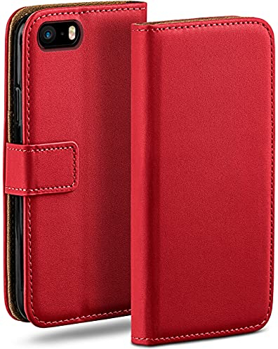 moex Book Case für iPhone 5s / 5 / SE (2016) Handyhülle mit Kartenfach, Hülle klappbar 360 Grad Schutzhülle, Klapphülle Flip Case Cover, PU Leder Handytasche Lederhülle, Rot