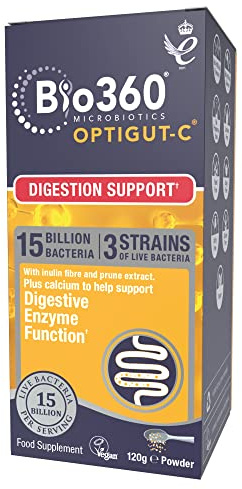 Natures Aid Bio360 OptiGUT-C Powder Supplement - 120g | 15 Billion Live Bacteria Cultures, Supports Digestion, Gut Flora & Immune System, Vegan, Non-GMO, Gluten-Free
