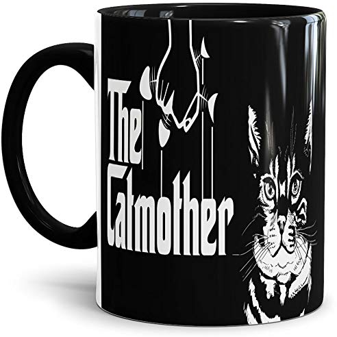 Tassendruck Katzen-Tasse The Catmother Schwarz - Innen & Henkel Schwarz/Geschenk-Idee/Witzig/Lustig/Pate/Beste Qualität - 25 Jahre Erfahrung