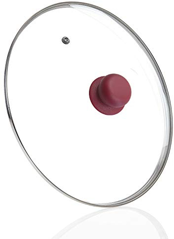 Topfdeckel Glas spülmaschinenfest hitzebeständig Universal Deckel für Töpfe & Pfannen gehärtetes Qualitätsglas Glasdeckel mit Dampfloch durchsichtig Edelstahl-Rand Griff Kirschrot cherry 16cm