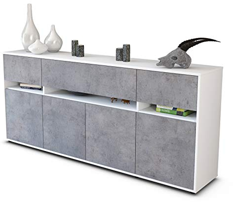 Stil.Zeit Sideboard Flora, Korpus Weiss matt, Front Industrie-Design Beton (180x79x35cm) Push-to-Open Technik & Leichtlaufschienen