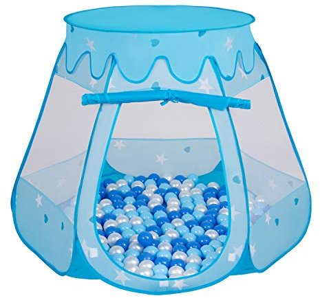 Selonis Tente 105X90cm/100 Balles Château avec Les Balles Plastiques Piscine À Balles pour Enfants, Bleu: Babyblue-Bleu-Perle