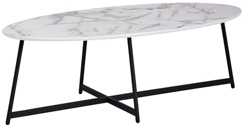 Wohnling Design Couchtisch Oval 120x60 cm mit Marmor Optik Weiß, Wohnzimmertisch mit Metall-Beine Schwarz, Großer Beistelltisch