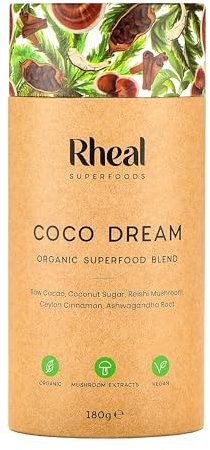 Rheal Coco Dream, 180g (30 Servings), Organic Hot Chocolate Powder with Reishi Mushroom & Peruvian Cacao, Low Sugar Bedtime Drink to Relax & Unwind, Natural Ingredients, Vegan