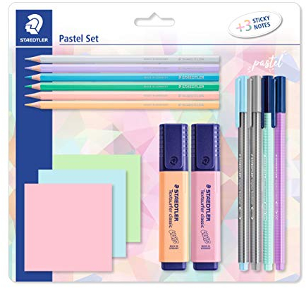 STAEDTLER Pastell Set zum Markieren, Schreiben und Malen, mit Buntstiften, Finelinern, Filzstiften, Textmarkern und 3 Haftnotizblöcken, in hoher Qualität, 61 SBK2 PA