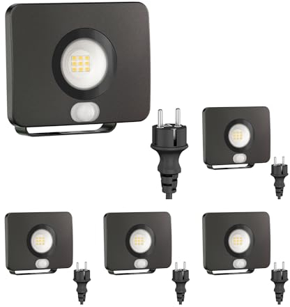ledscom.de 5 Stück LED Gartenstrahler WEGA für außen, IP44, Bewegungsmelder, Stecker, schwarz, 11,4 W, 944lm, warmweiß