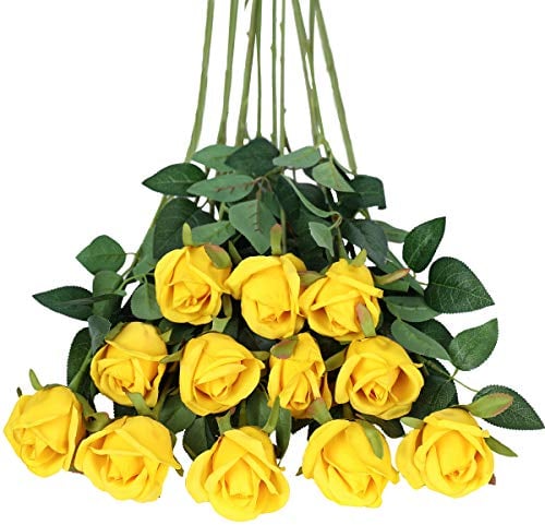 Tifuly Artificial Flowers,12 Pcs Single Long Stem Fake Rose Silk Flowers Faux Rose Bridal Bouquet Realistic Flower for Wedding Party Home Table Decoration Centerpieces(Bud Roses,Yellow)
