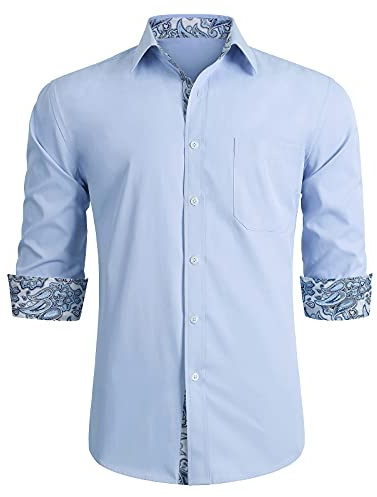 HISDERN Light Blue Dress Shirt Men Floral Long Sleeve Classic Collar Paisley Wedding Business Shirt Casual Formal Button Down Regular Fit Shirts