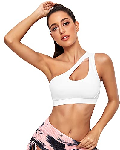 Vertvie Damen One Shoulder Sport BH Sexy Bügellos Workout Bra Gepolstert Tank BH Push Up Bequem Yoga Bralette Fitness Training Mittlere Unterstützung(Weiß,M)