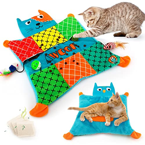 Katzenbett Matte, Kennel Pad maschinenwaschbar interaktives Katzenminze Spielzeug für Indoor Katzen mit 7 Taschen, Knisterpapier und 4 Spielzeugen, thermisches Katzenkissen