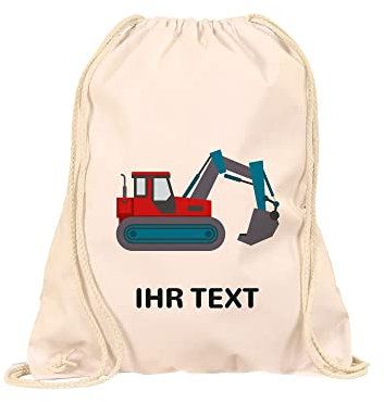 STEMPEL-FABRIK Turnbeutel mit Aufdruck - Motiv Bagger (natur) - Personalisiertes Geschenk - Stoffbeutel aus Baumwolle - Sportbeutel - Rucksackbeutel - Jutebeutel- Kinderrucksack