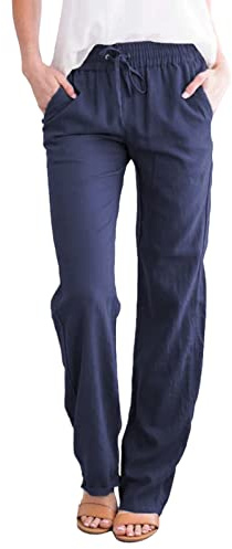 Voqeen Womens Trousers Casual Cotton Linen Pants Summer Drawstring Elastic Waist Pants with Pockets Lightweight Comfy Straight Trousers