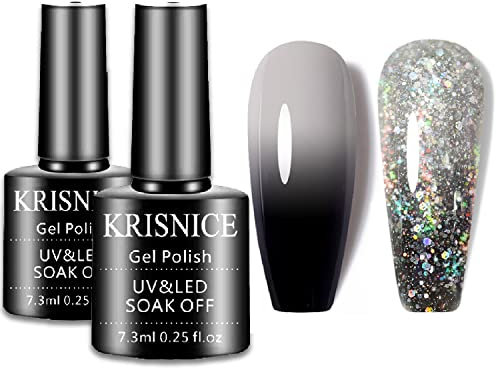 KRISNICE Color Changing Gel Nail Polish Gift Set White Black Glitter Mood Chameleon Soak Off UV LED Thermal Temperature Art Manicure Kit Varnish (KWB2-003)