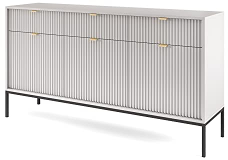 Furniture24 Kommode Nova KSZ154 Schrank Wohnzimmerschrank Sideboard mit 3 Türen 3 Schubladen Grau, 154x83x39